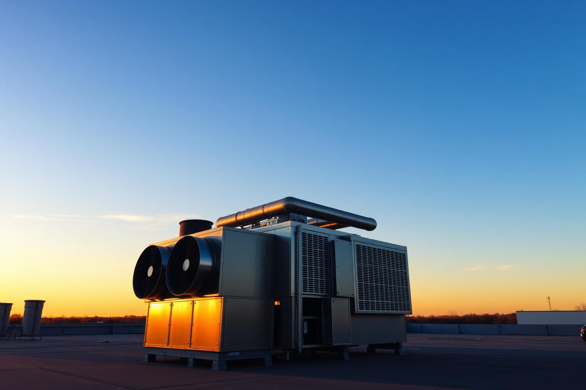 Commercial rooftop HVAC unit at sunset